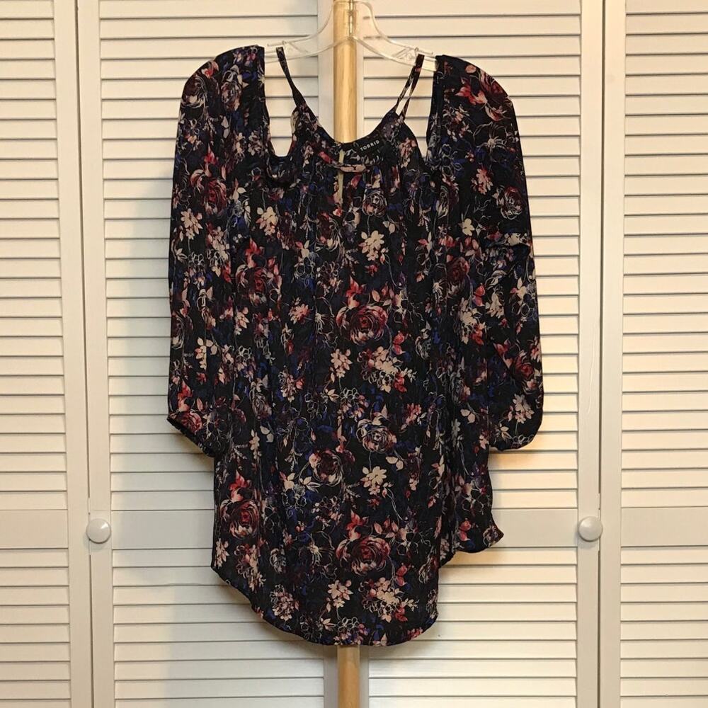 Torrid Floral V-Neck Cold-Shoulder Long Sleeve Stretchy Blouse 2X